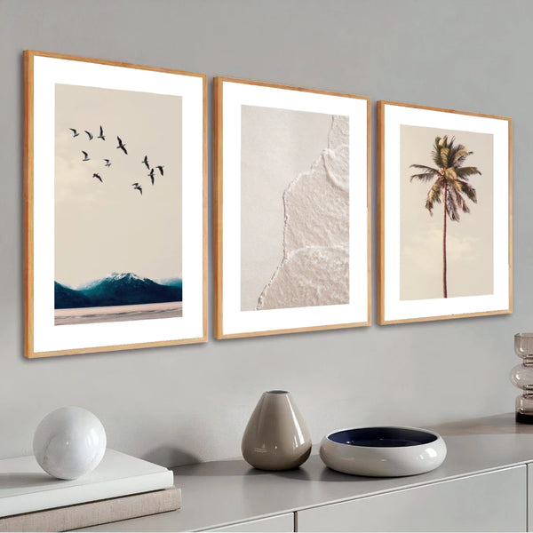 Quadro Decorativo Kit 3 Peças Moldura Praia e Mar